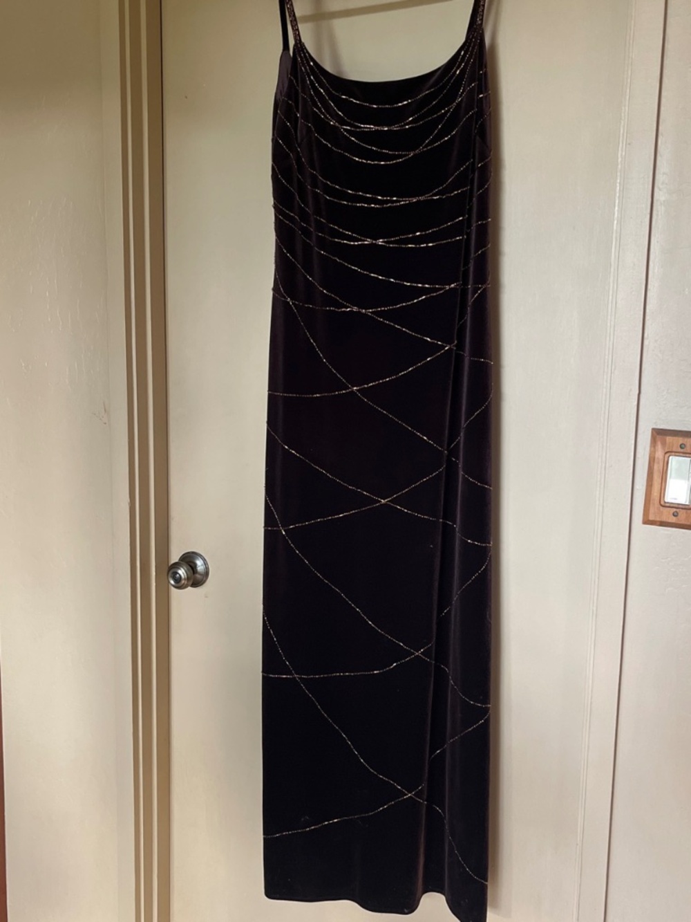 Elegant Dark Purple Velvet Gold Beaded Slip Gown
